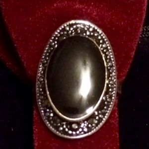 Antique style Simulated Marcasite Onyx Ring